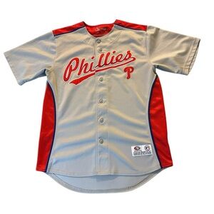 True Fan Philadelphia Phillies Button Up Stitched Basebalk Jersey Sz Medium